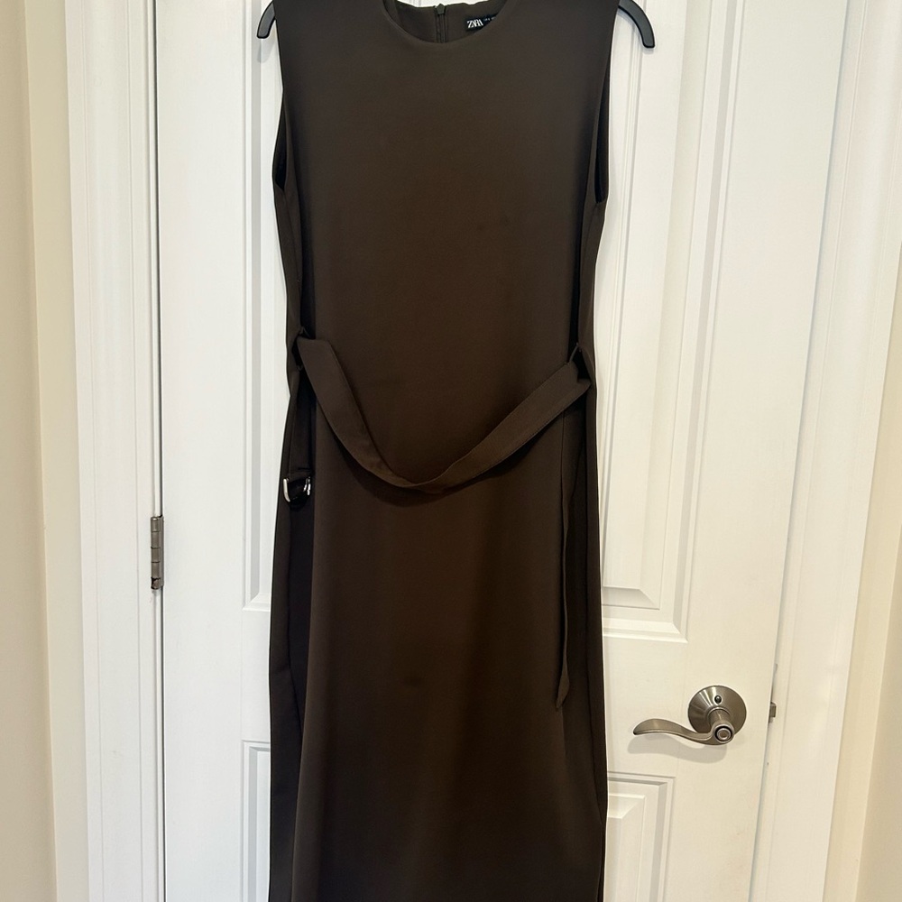 Zara Brown Sleeveless Sheath Midi Dress Crew Neck